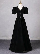 Black Velvet V-neck Short Sleeve Prom Dress